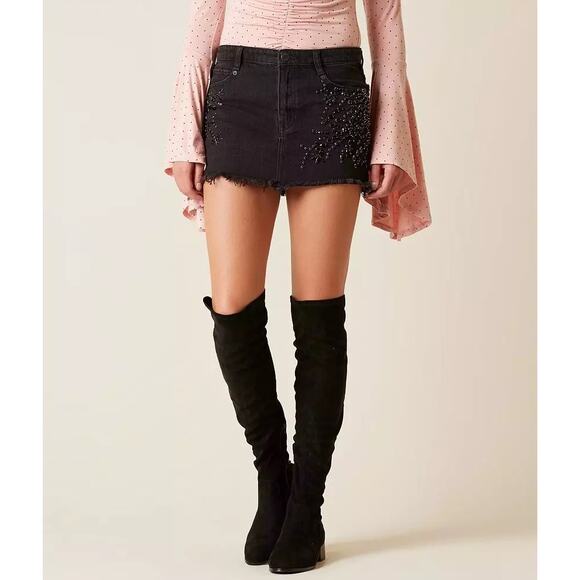 Free People Shine Bright Rhinestone Frayed Black Boho Festival Mini Skirt 4 - Picture 1 of 6